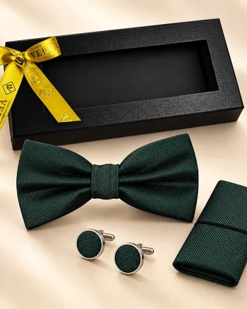 Set 3 piese Elegant pentru barbati, papion, batista si butoni, Verde inchis