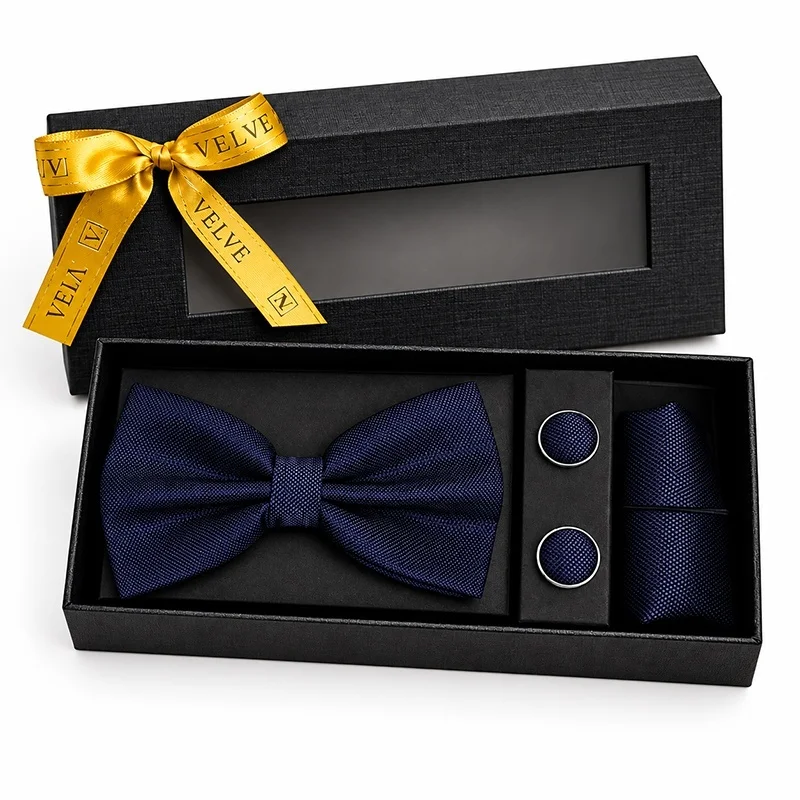 Set 3 piese Elegant pentru barbati, papion, batista si butoni, Bleumarin