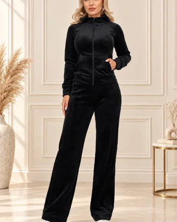 Trening velur Peyton, cu hanorac si pantaloni lejeri, Negru
