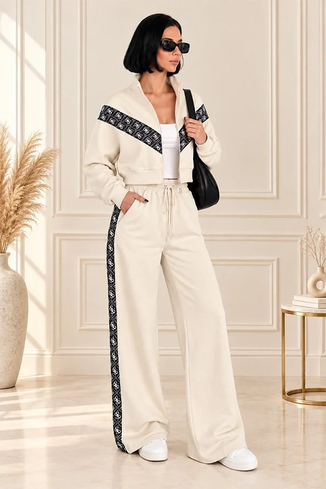 Trening dama Finley, cu hanorac scurt si pantaloni wide leg, Crem