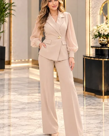 Costum elegant WILLOW, sacou cu maneca voal si pantaloni cu pliu, Crem