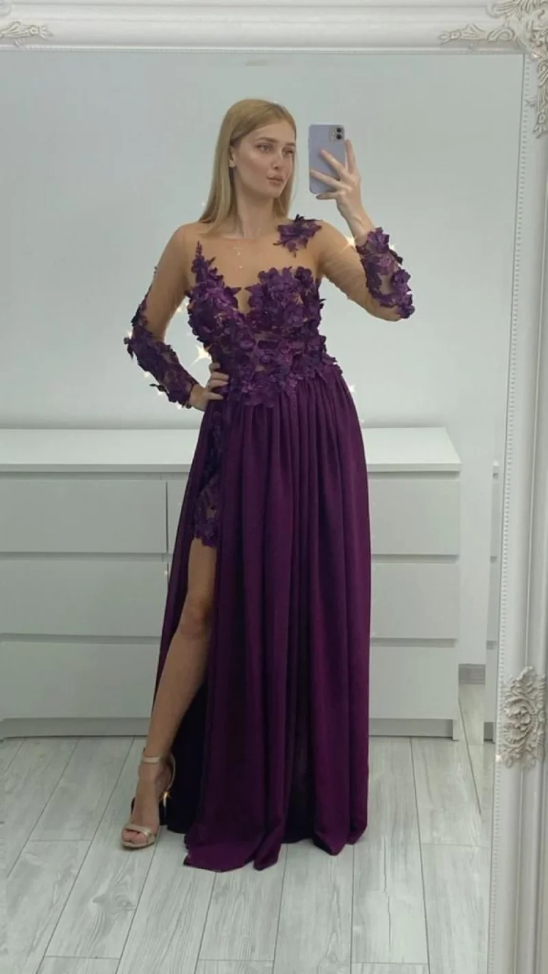 Rochie lunga din voal cu broderie florala 3D