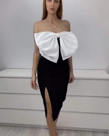 Rochie eleganta conica midi cu slit pe picior si funda mxi