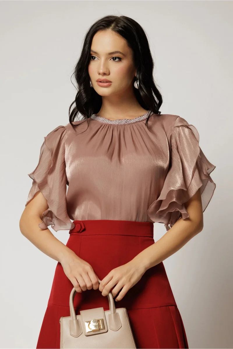 Bluza DY Fashion roz din voal peliculizat cu maneci suprapuse