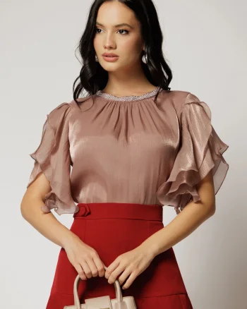 Bluza DY Fashion roz din voal peliculizat cu maneci suprapuse