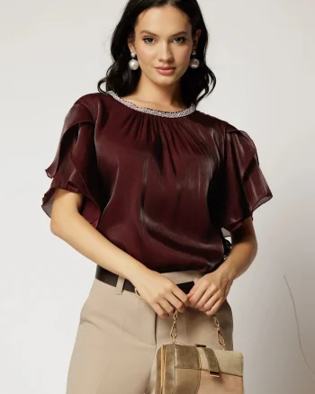 Bluza DY Fashion grena din voal peliculizat cu maneci suprapuse