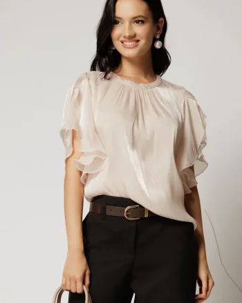 Bluza DY Fashion ivoar din voal peliculizat cu maneci suprapuse