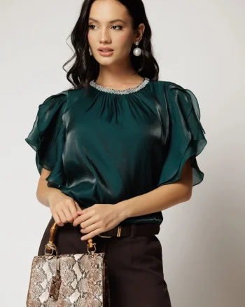 Bluza DY Fashion turcoaz din voal peliculizat cu maneci suprapuse