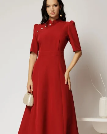 Rochie DY Fashion midi rosu inchis cu guler tunica si aplicatii la decolteu