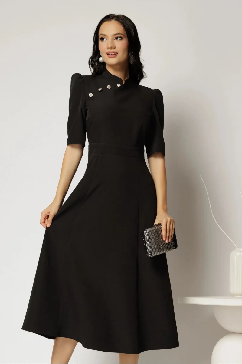 Rochie DY Fashion midi neagra cu guler tunica si aplicatii la decolteu