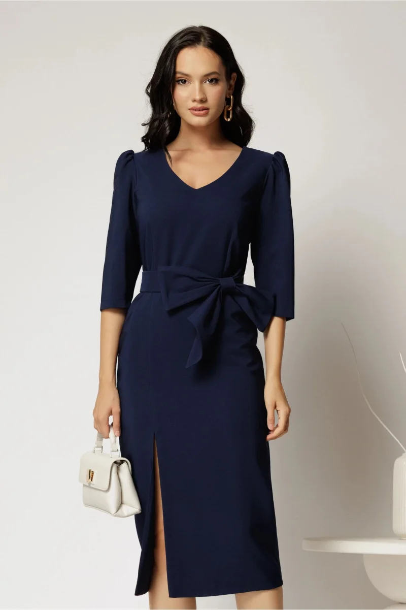 Rochie midi bleumarin conica cu slit si funda ampla detasabila pe talie