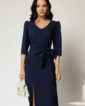 Rochie midi bleumarin conica cu slit si funda ampla detasabila pe talie