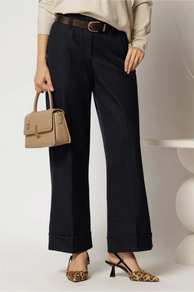 Pantaloni bleumarin office casual cu croi drept si curea
