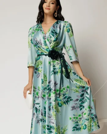 Rochie midi bleu cu imprimeu floral si cordon in contrast
