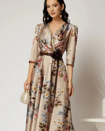 Rochie midi bej cu imprimeu floral si cordon in contrast