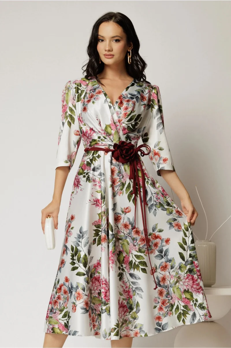 Rochie midi ivoar cu imprimeu floral si cordon in contrast