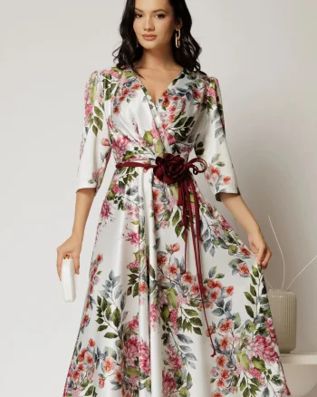 Rochie midi ivoar cu imprimeu floral si cordon in contrast