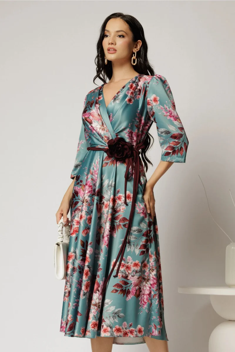 Rochie midi turcoaz cu imprimeu floral si cordon in contrast