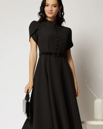 Rochie DY Fashion midi neagra cu nasturi si maneci scurte lalea