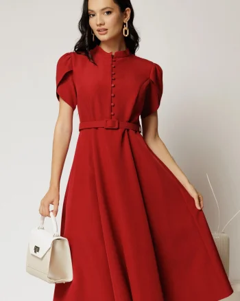 Rochie DY Fashion midi rosu inchis cu nasturi si maneci scurte lalea