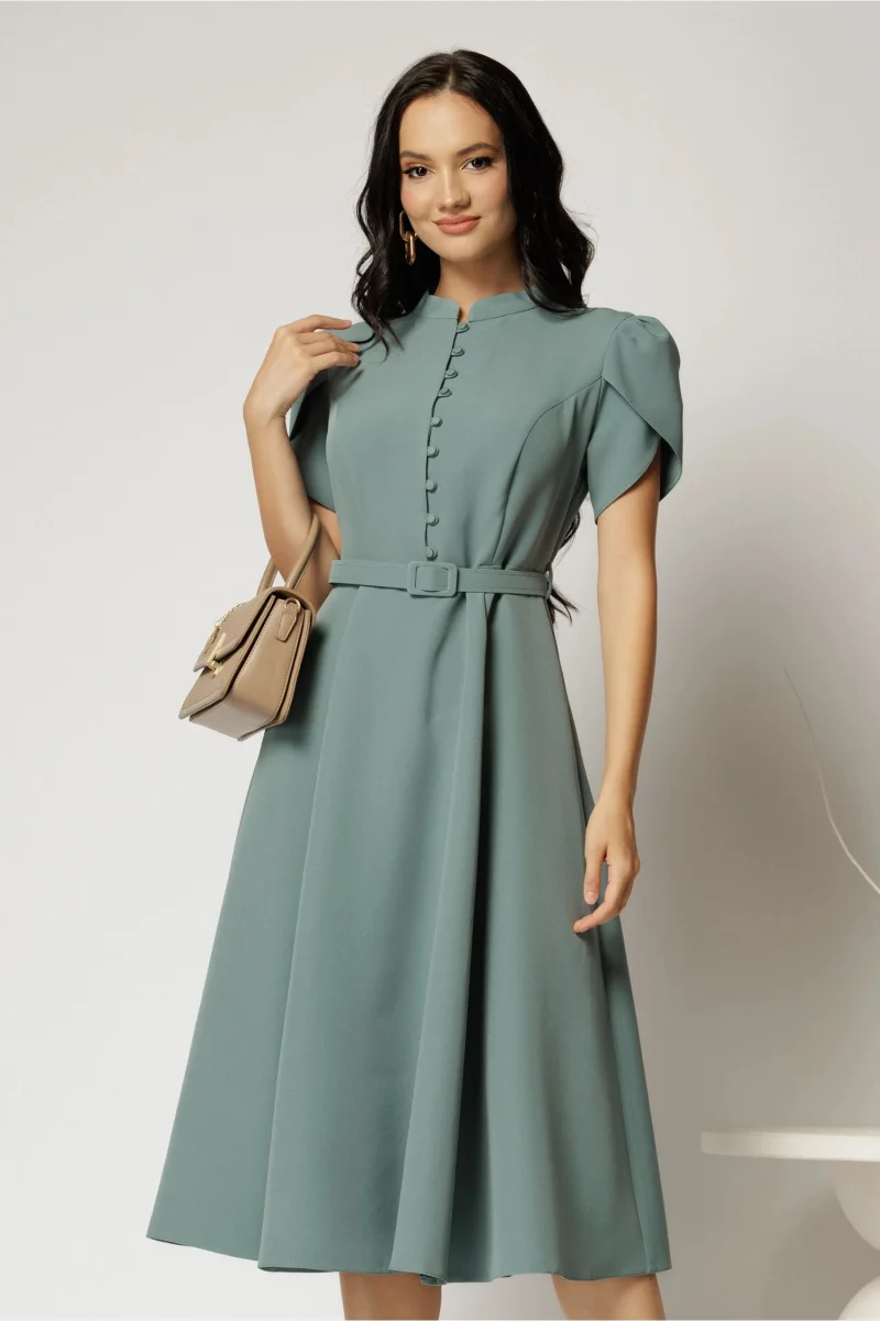 Rochie DY Fashion midi albastra cu nasturi si maneci scurte lalea