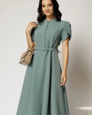 Rochie DY Fashion midi albastra cu nasturi si maneci scurte lalea