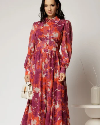 Rochie DY Fashion midi din voal cu imprimeuri si croi tip camasa