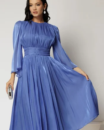 Rochie DY Fashion midi albastra din voal peliculizat cu maneci ample
