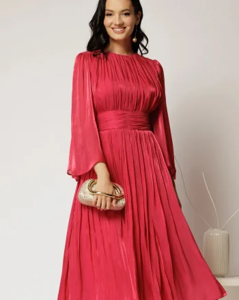 Rochie DY Fashion midi fucsia din voal peliculizat cu maneci ample