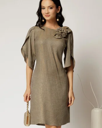Rochie scurta kaki cu fir lurex cu croi drept si maneci tip lalea