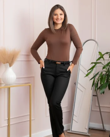 Pantaloni dama negri drepti Donna cu curea si buzunare functionale