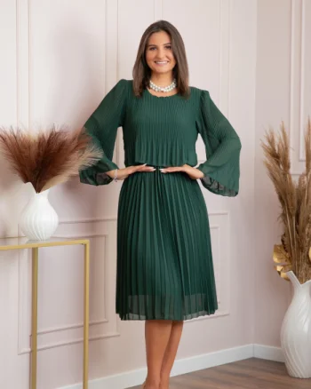 Rochie eleganta Arya verde plisata cu maneci lungi