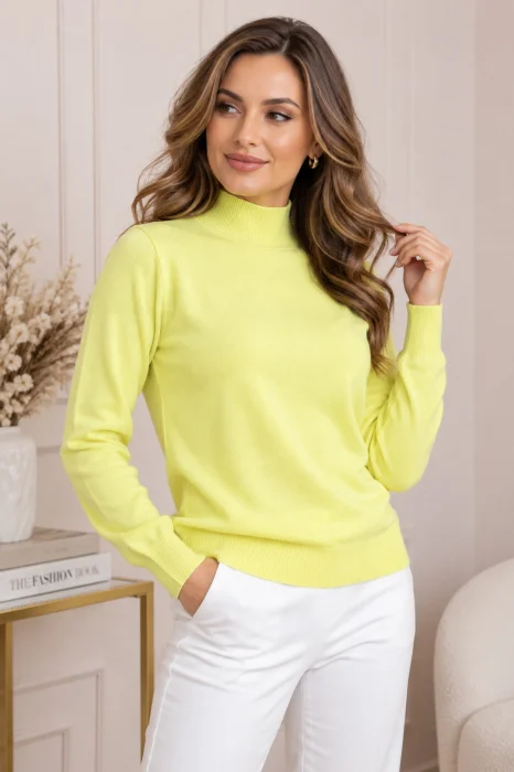 Pulover Ellen din tricot subtire cu guler inalt - Galben lime