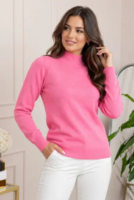 Pulover Ellen din tricot subtire cu guler inalt - Roz