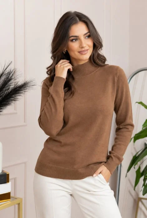 Pulover Ellen din tricot subtire cu guler inalt - Camel