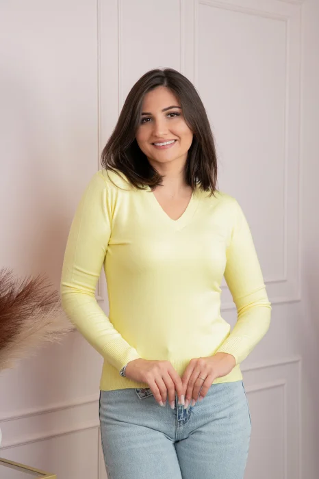 Pulover dama galben cu casmir si decolteu V Judy