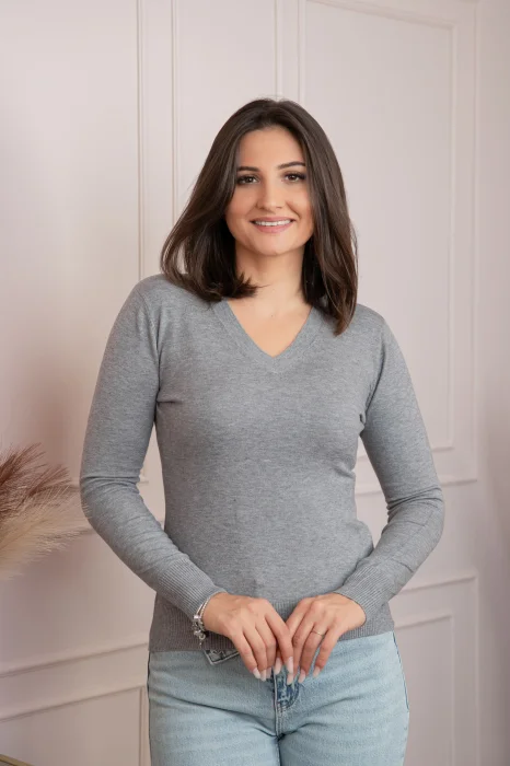 Pulover dama gri cu casmir si decolteu V Judy