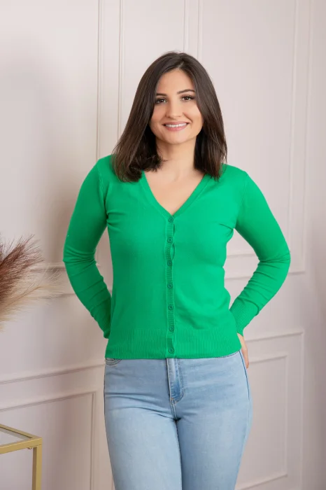 Pulover dama verde cu casmir si nasturi Justine