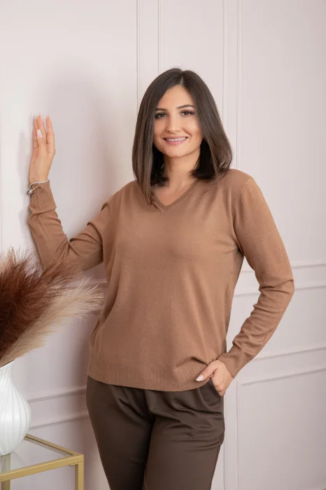 Pulover dama camel cu casmir si decolteu in V Doreen