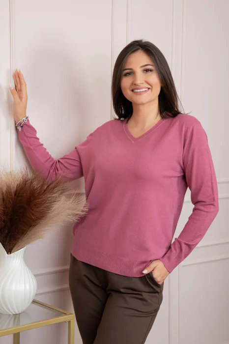 Pulover dama roz cu casmir si decolteu in V Doreen