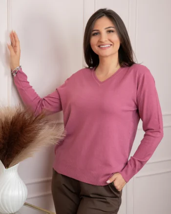 Pulover dama roz cu casmir si decolteu in V Doreen
