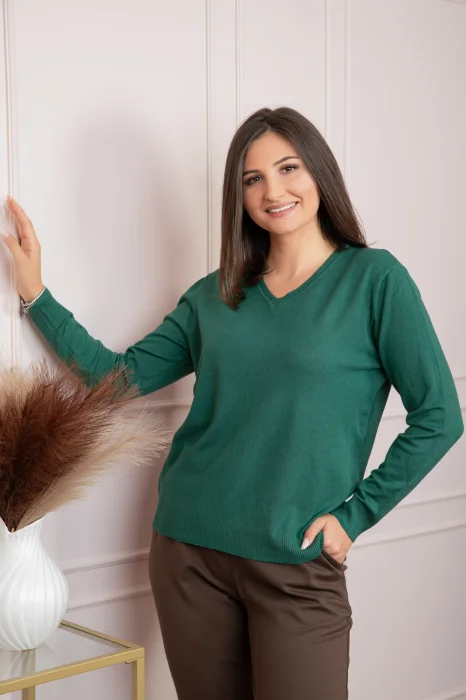 Pulover dama verde cu casmir si decolteu in V Doreen