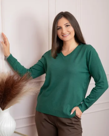 Pulover dama verde cu casmir si decolteu in V Doreen