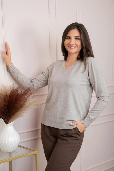 Pulover dama bej cu casmir si decolteu in V Doreen