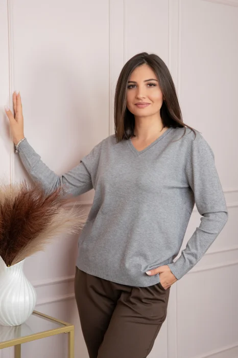 Pulover dama gri cu casmir si decolteu in V Doreen