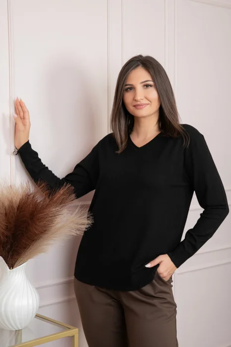 Pulover dama negru cu casmir si decolteu in V Doreen
