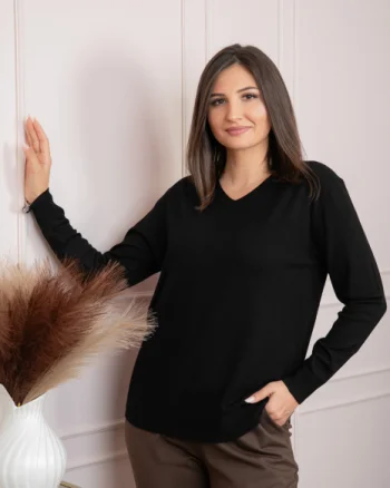 Pulover dama negru cu casmir si decolteu in V Doreen
