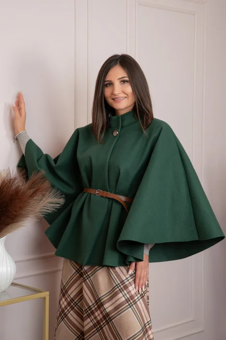 Poncho dama verde cu lana si curea in talie Kara