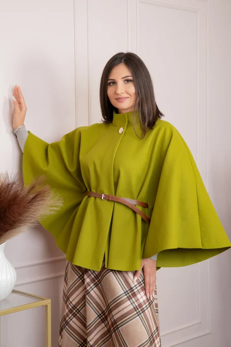 Poncho dama verde praz cu lana si curea in talie Kara