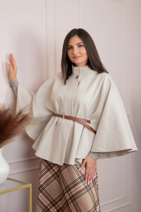 Poncho dama ivoire cu lana si curea in talie Kara
